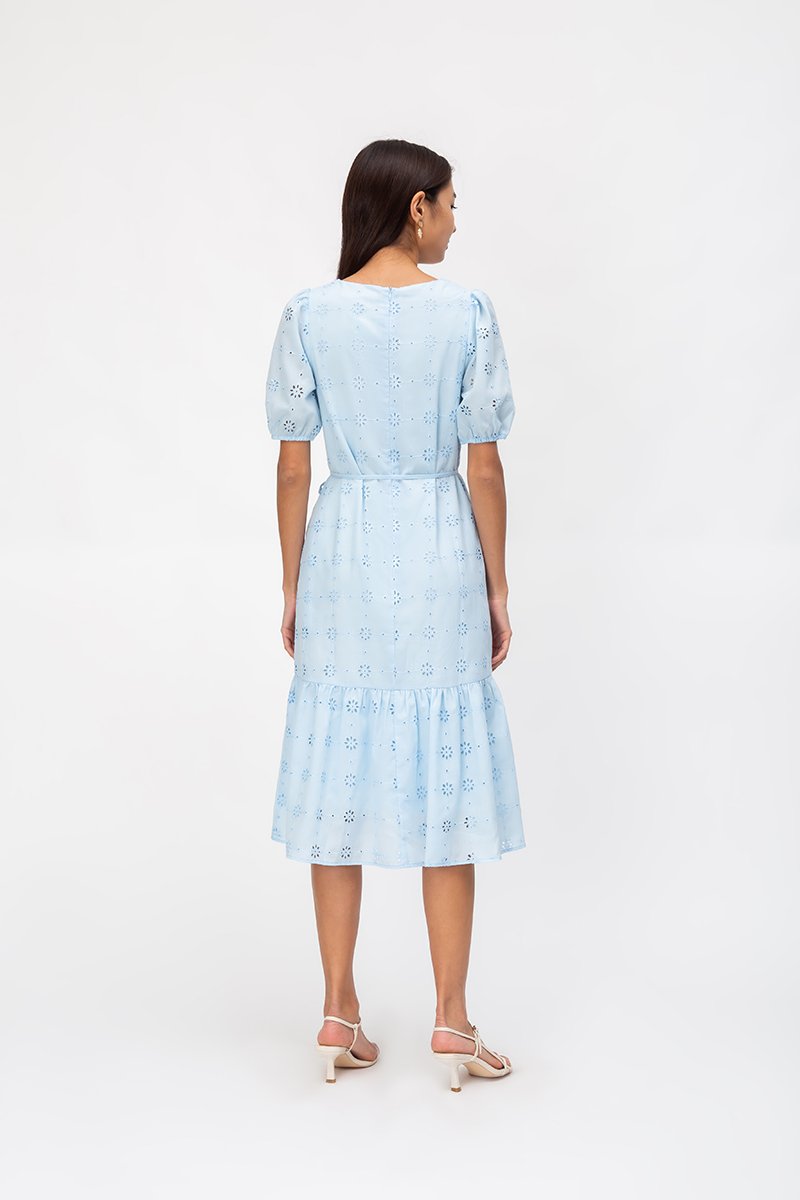 SERA EYELET DROPWAIST MIDI DRESS W SASH