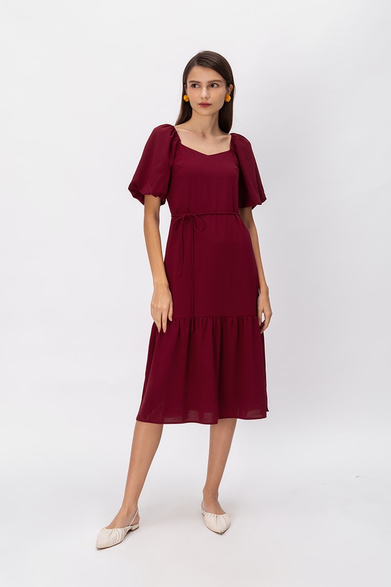 SIERRA PUFF SLEEVE MIDI DRESS W SASH