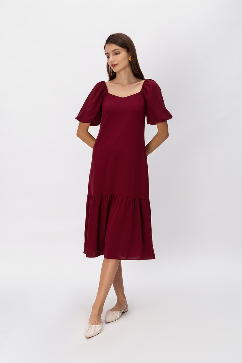 SIERRA PUFF SLEEVE MIDI DRESS W SASH