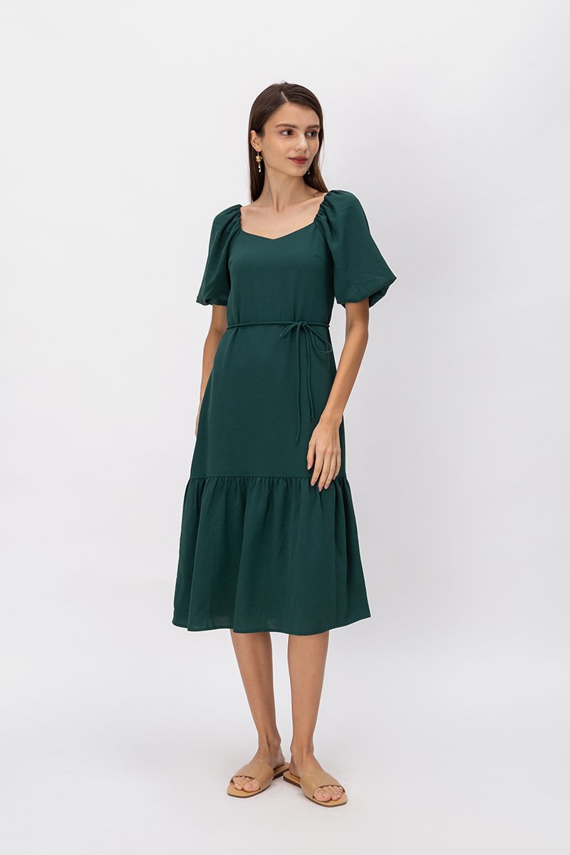 SIERRA PUFF SLEEVE MIDI DRESS W SASH