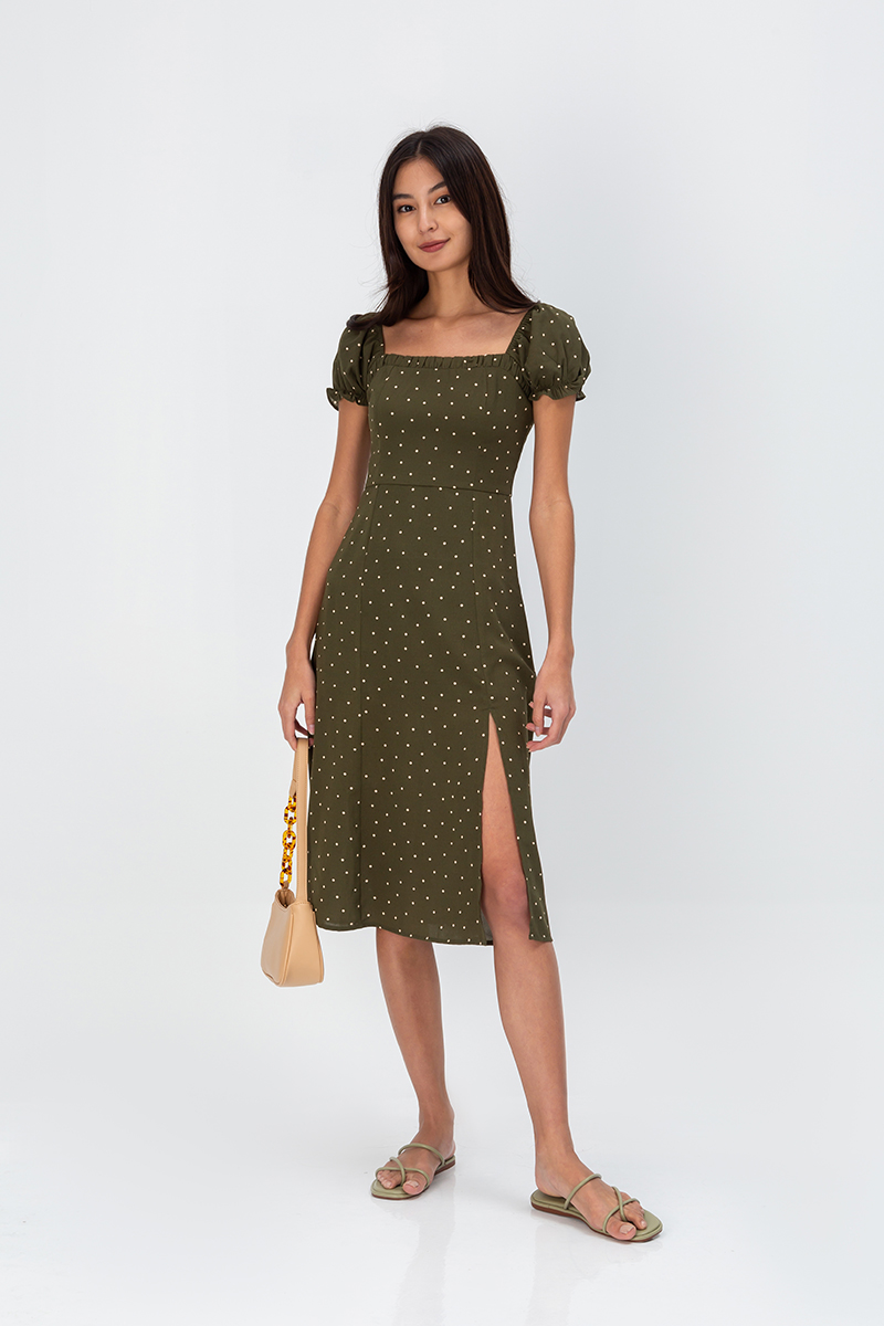 KILEY POLKADOT PUFF SLEEVE MIDI DRESS