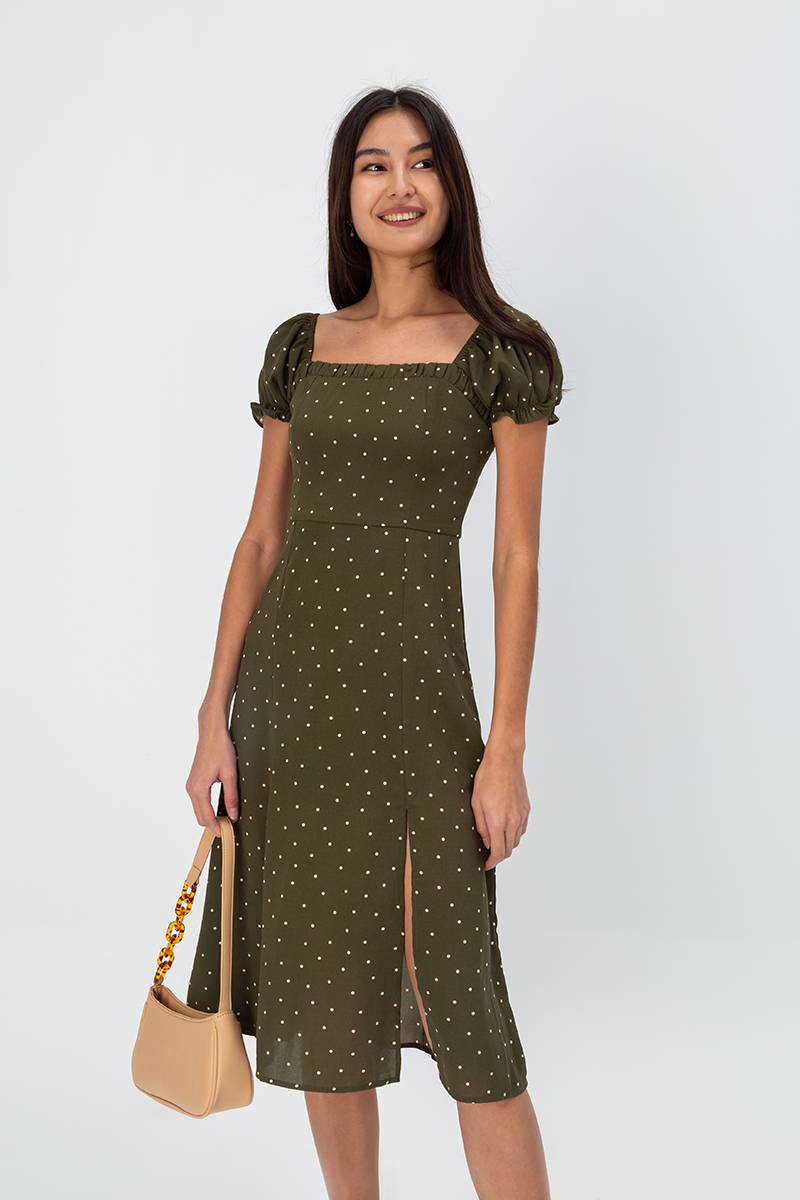 KILEY POLKADOT PUFF SLEEVE MIDI DRESS