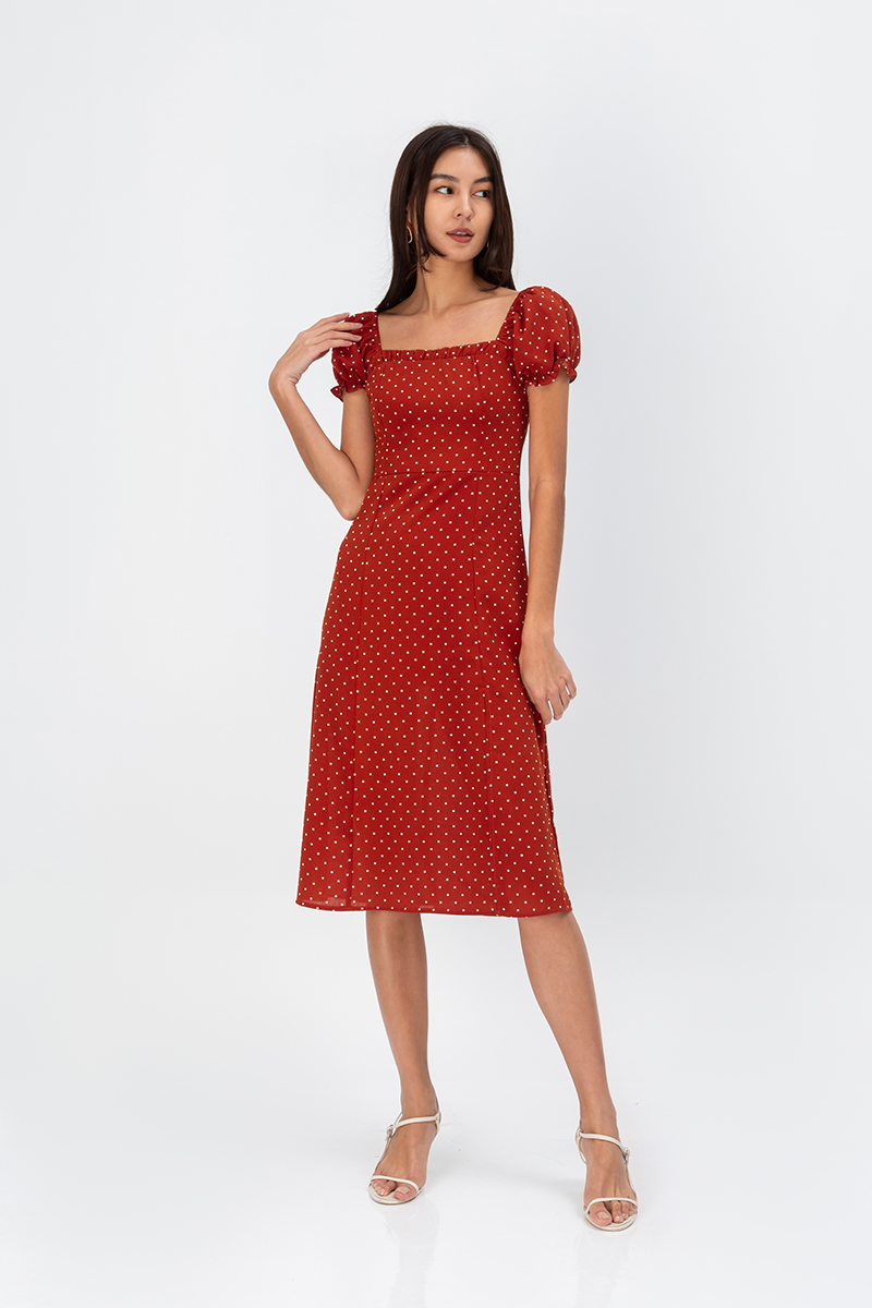 KILEY POLKADOT PUFF SLEEVE MIDI DRESS