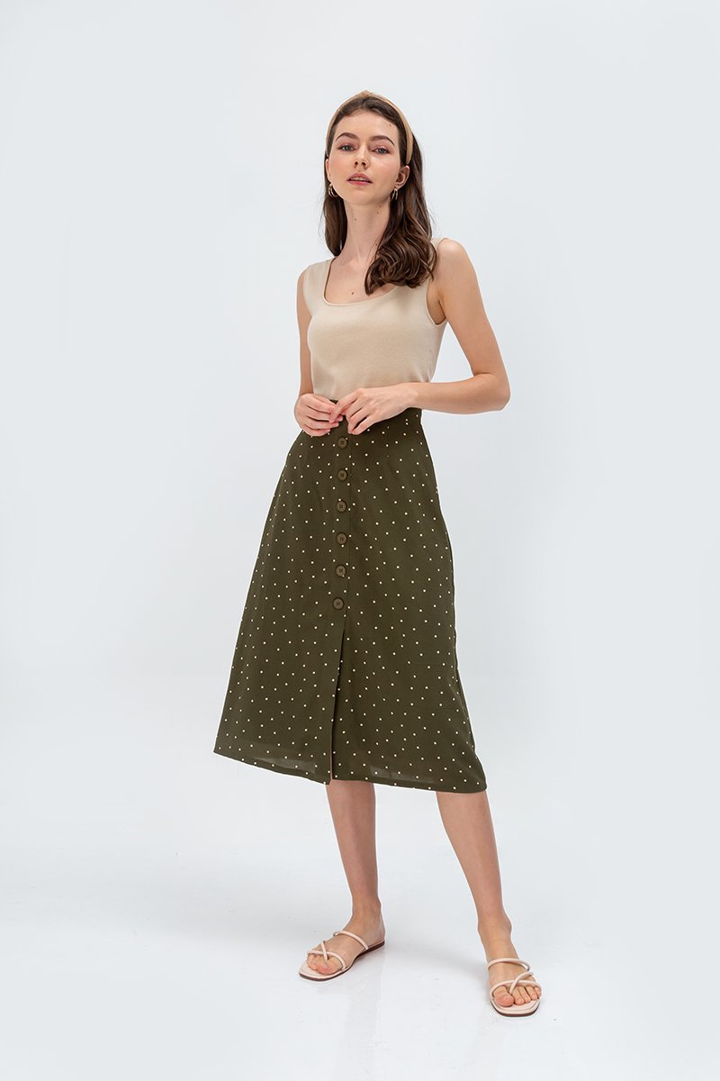 EVERLY POLKADOT BUTTONDOWN SKIRT