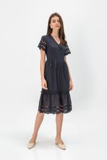 EMMETT SCALLOP TRIM EYELET MIDI DRESS