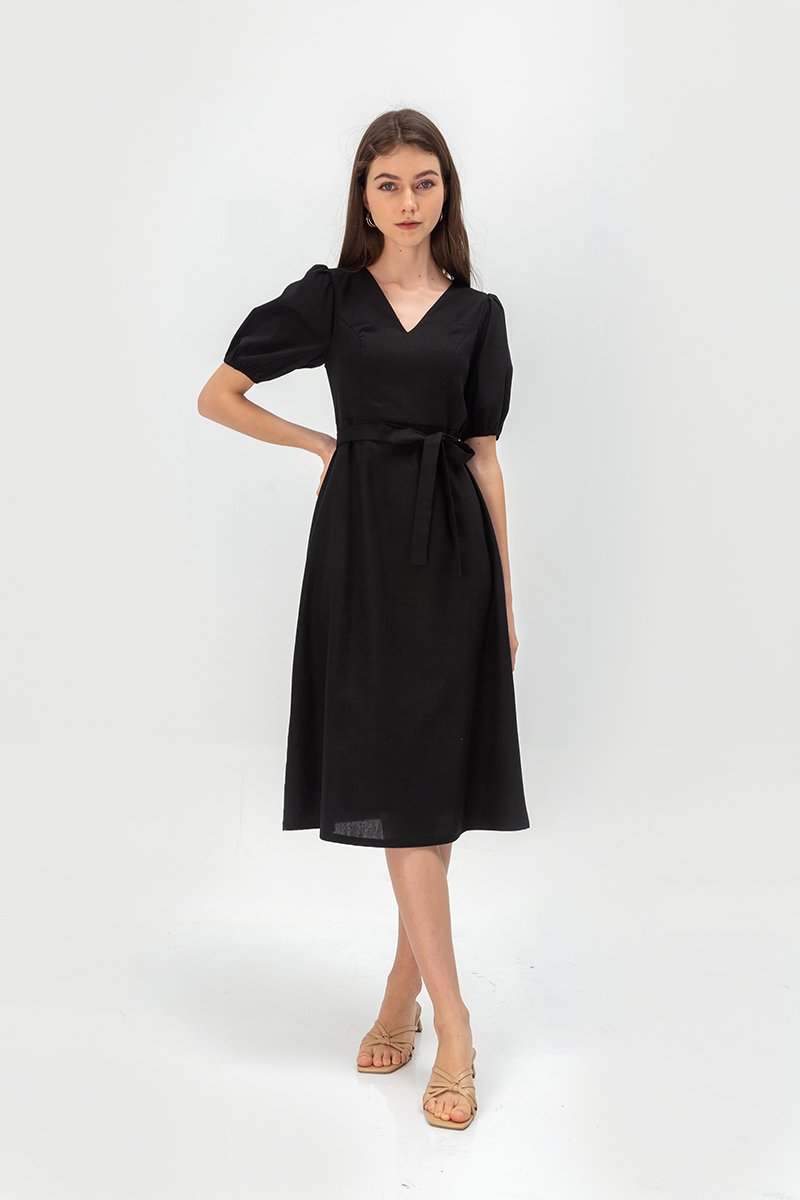 JERIELLE LINEN MIDI DRESS W SASH