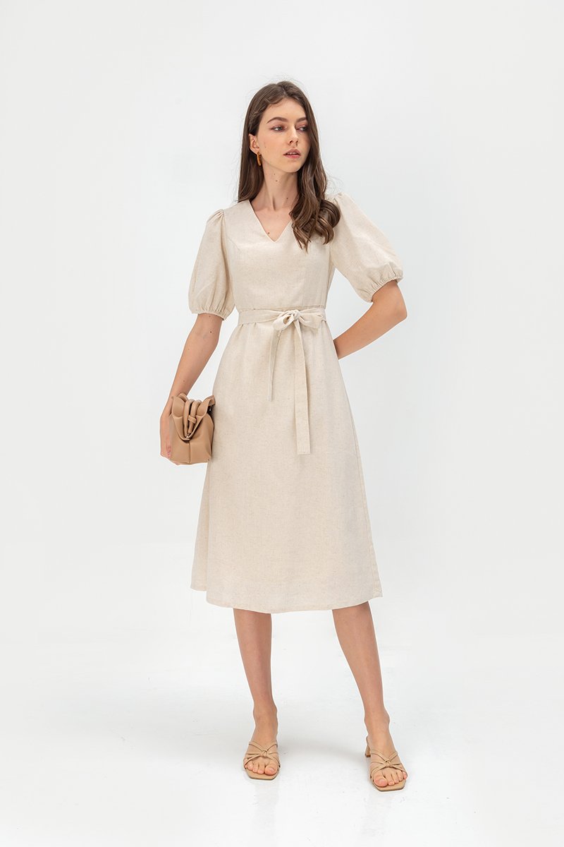 JERIELLE LINEN MIDI DRESS W SASH