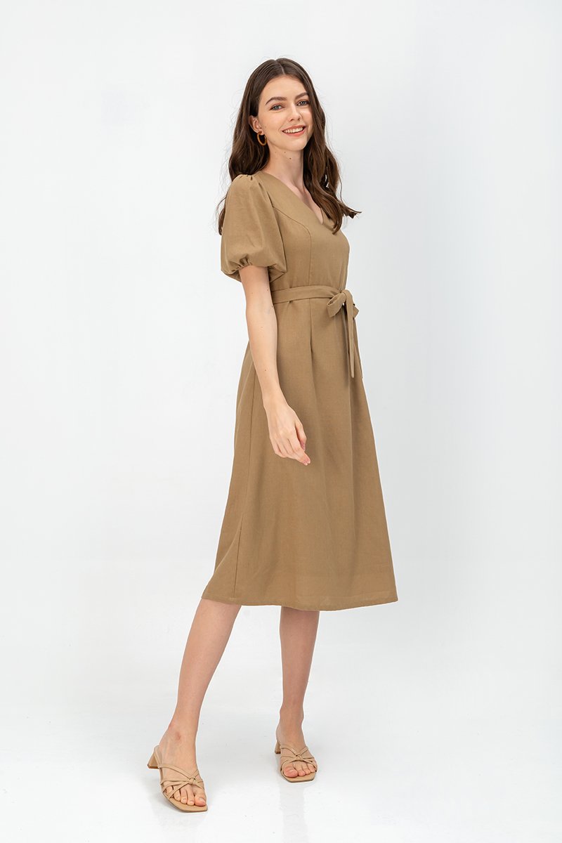 JERIELLE LINEN MIDI DRESS W SASH