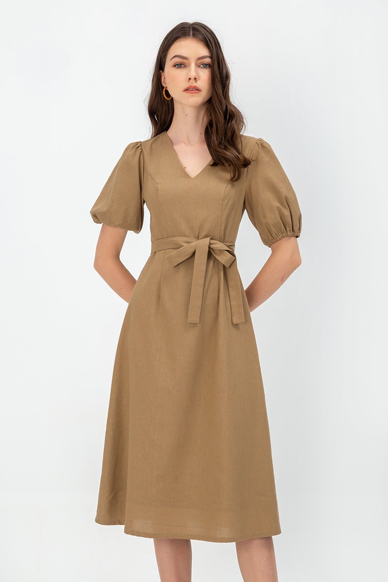 JERIELLE LINEN MIDI DRESS W SASH
