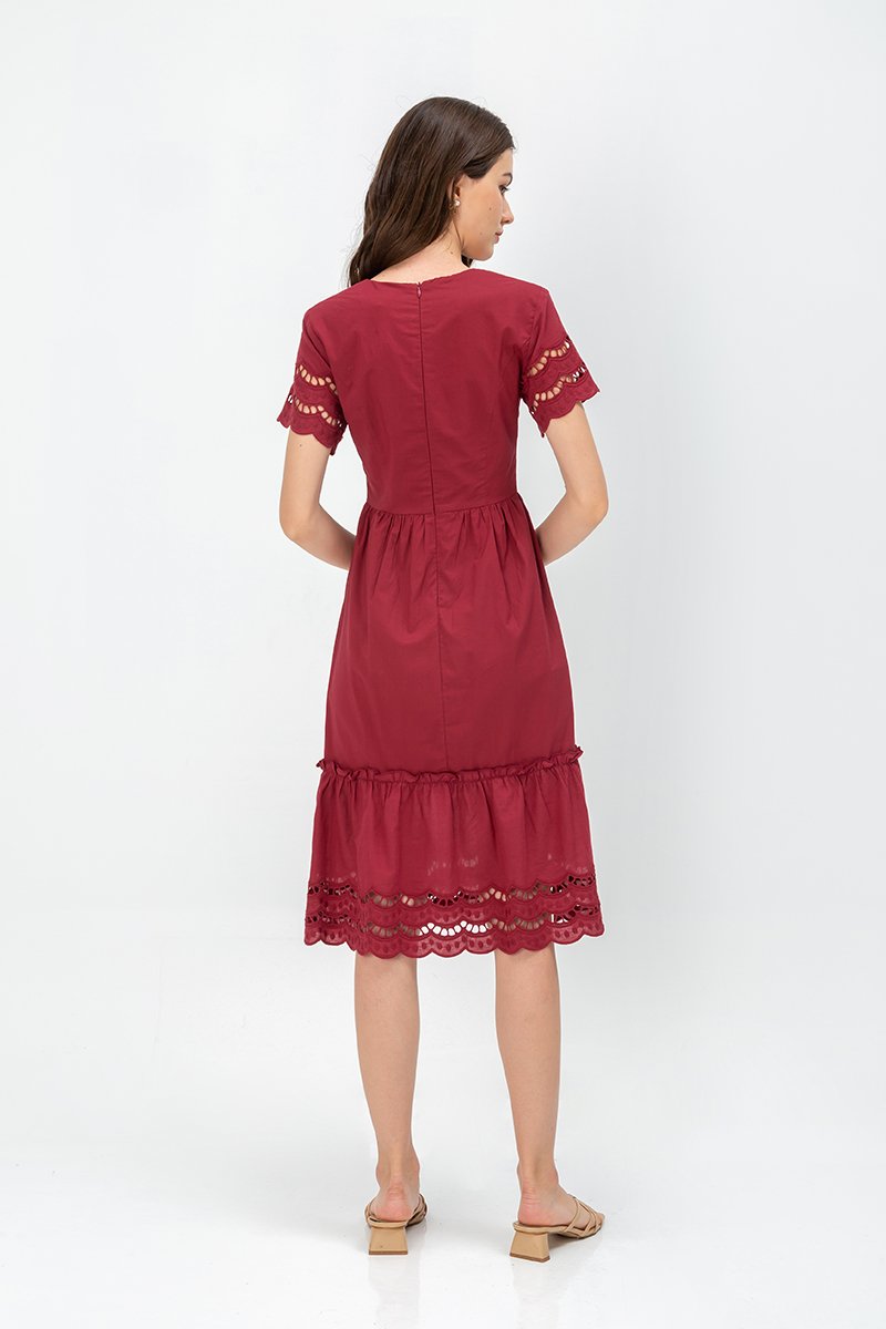 EMMETT SCALLOP TRIM EYELET MIDI DRESS