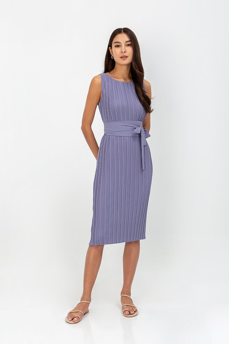 ZANIA PLEATED MIDI COLUMN DRESS W BELT