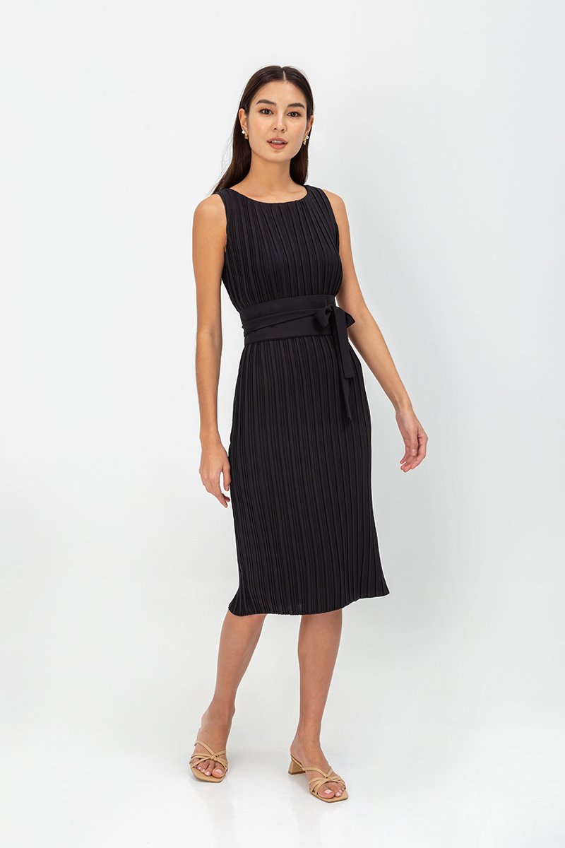 ZANIA PLEATED MIDI COLUMN DRESS W BELT