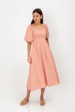 CASIE PUFF SLEEVE SMOCKED MIDI DRESS