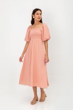 CASIE PUFF SLEEVE SMOCKED MIDI DRESS