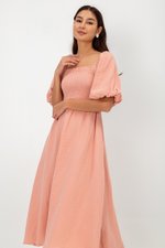 CASIE PUFF SLEEVE SMOCKED MIDI DRESS