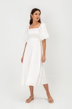 CASIE PUFF SLEEVE SMOCKED MIDI DRESS