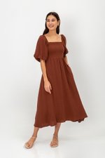 CASIE PUFF SLEEVE SMOCKED MIDI DRESS