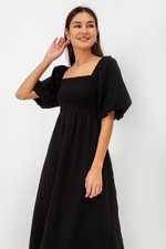 CASIE PUFF SLEEVE SMOCKED MIDI DRESS