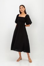 CASIE PUFF SLEEVE SMOCKED MIDI DRESS