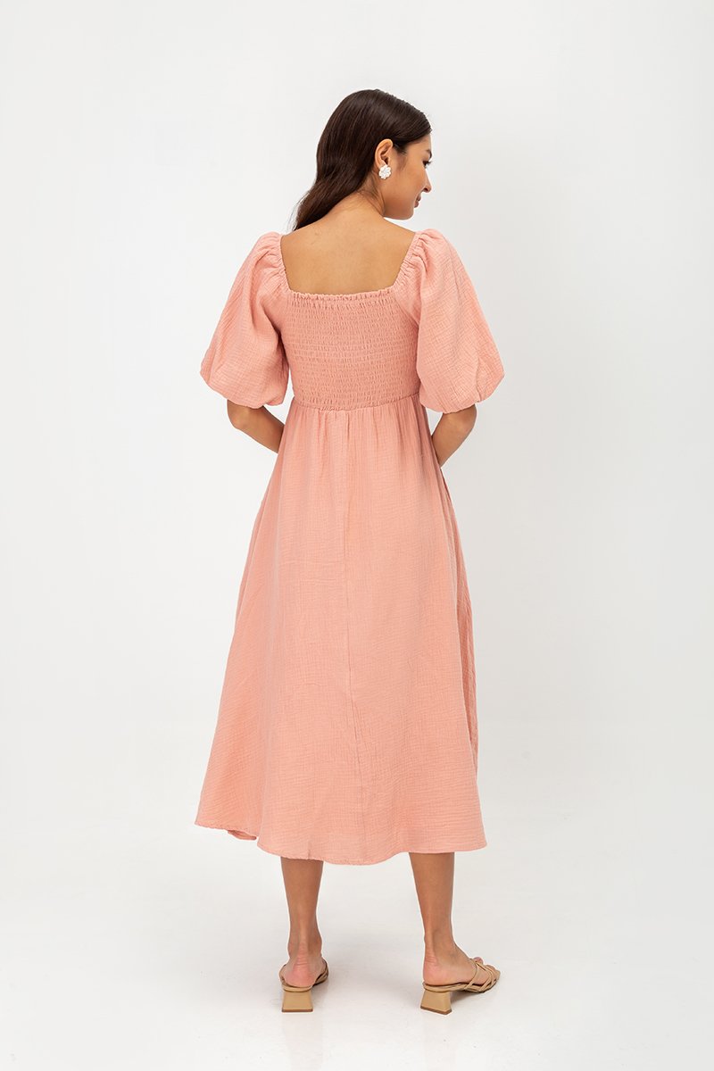 CASIE PUFF SLEEVE SMOCKED MIDI DRESS