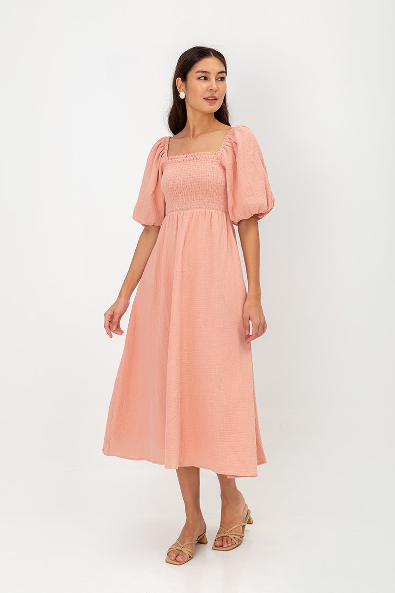 CASIE PUFF SLEEVE SMOCKED MIDI DRESS