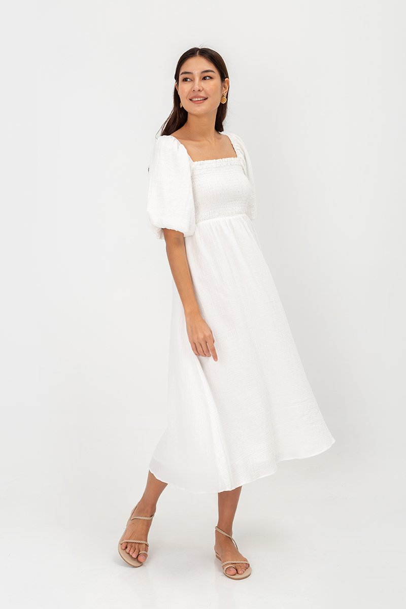 CASIE PUFF SLEEVE SMOCKED MIDI DRESS