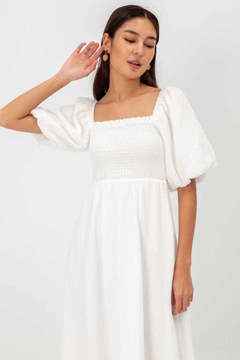 CASIE PUFF SLEEVE SMOCKED MIDI DRESS