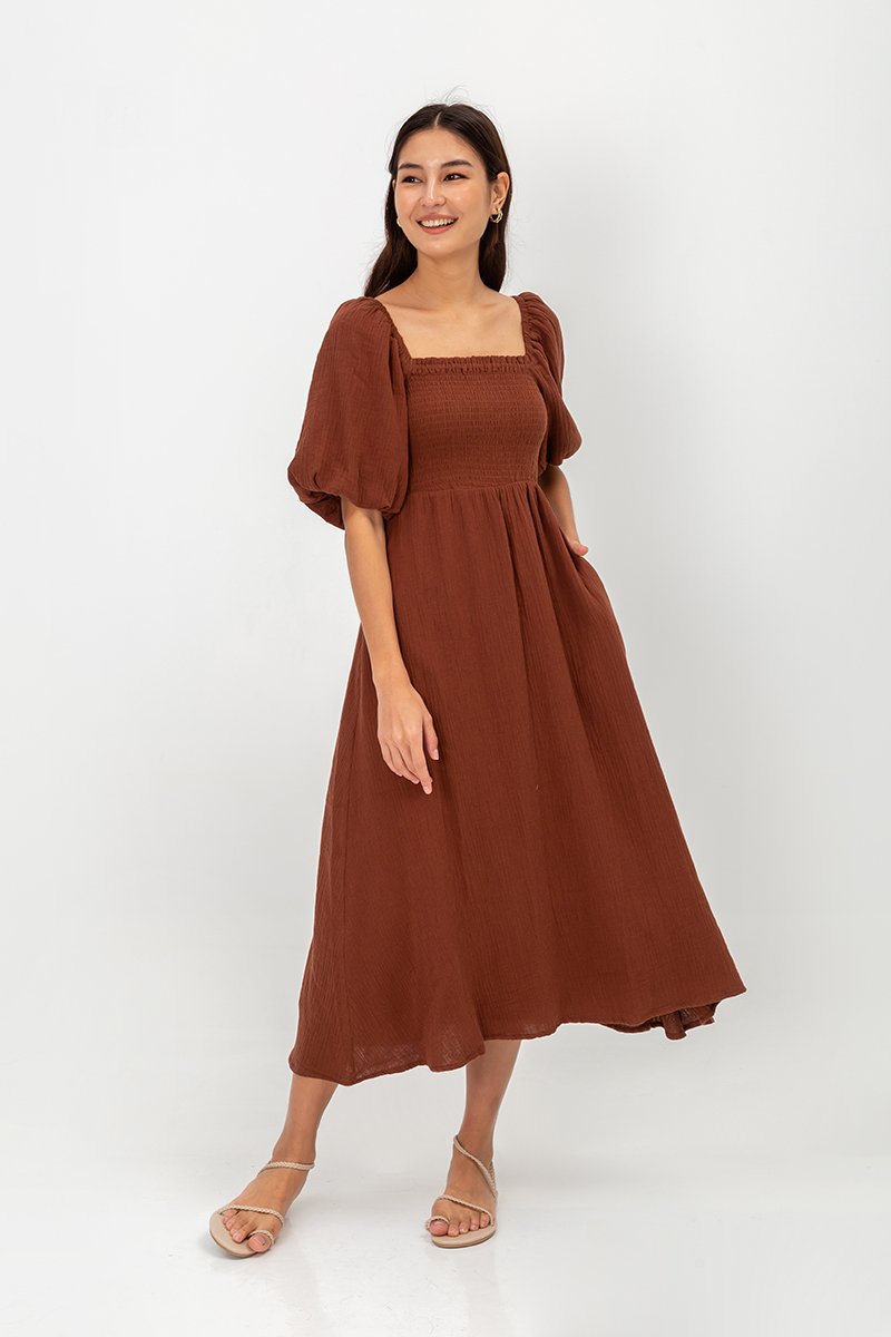CASIE PUFF SLEEVE SMOCKED MIDI DRESS
