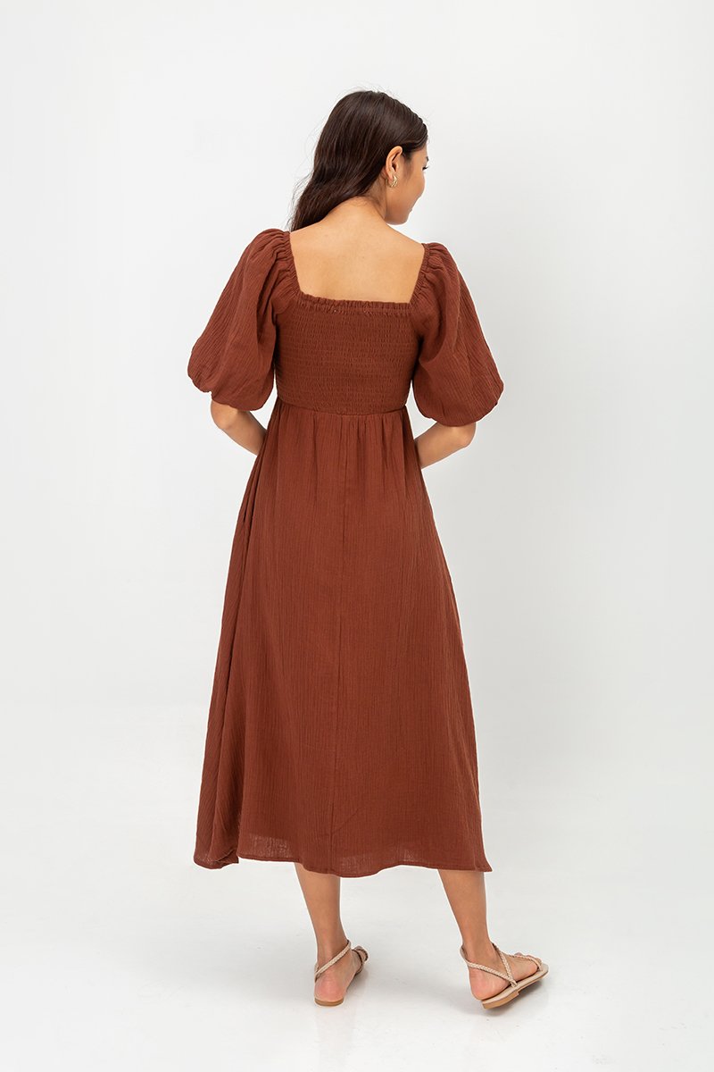 CASIE PUFF SLEEVE SMOCKED MIDI DRESS