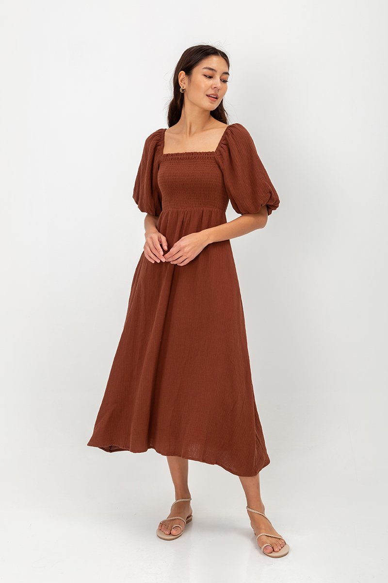 CASIE PUFF SLEEVE SMOCKED MIDI DRESS
