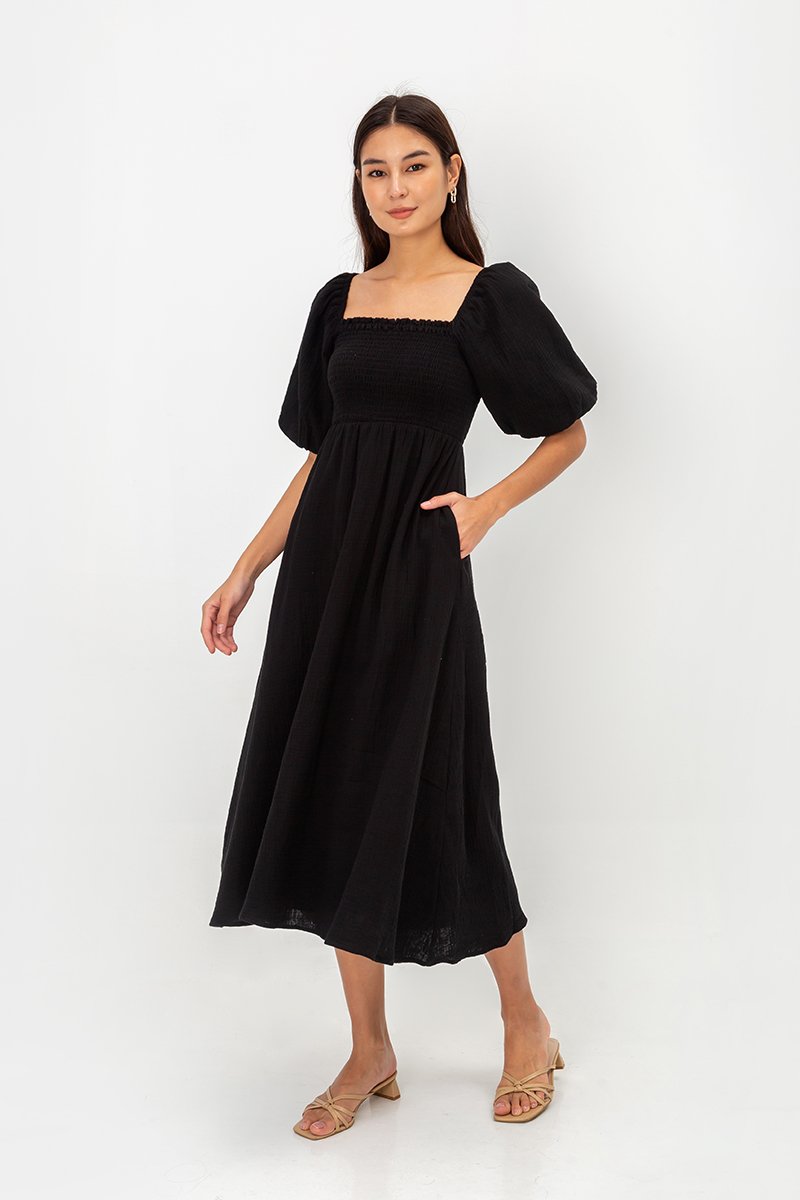 CASIE PUFF SLEEVE SMOCKED MIDI DRESS