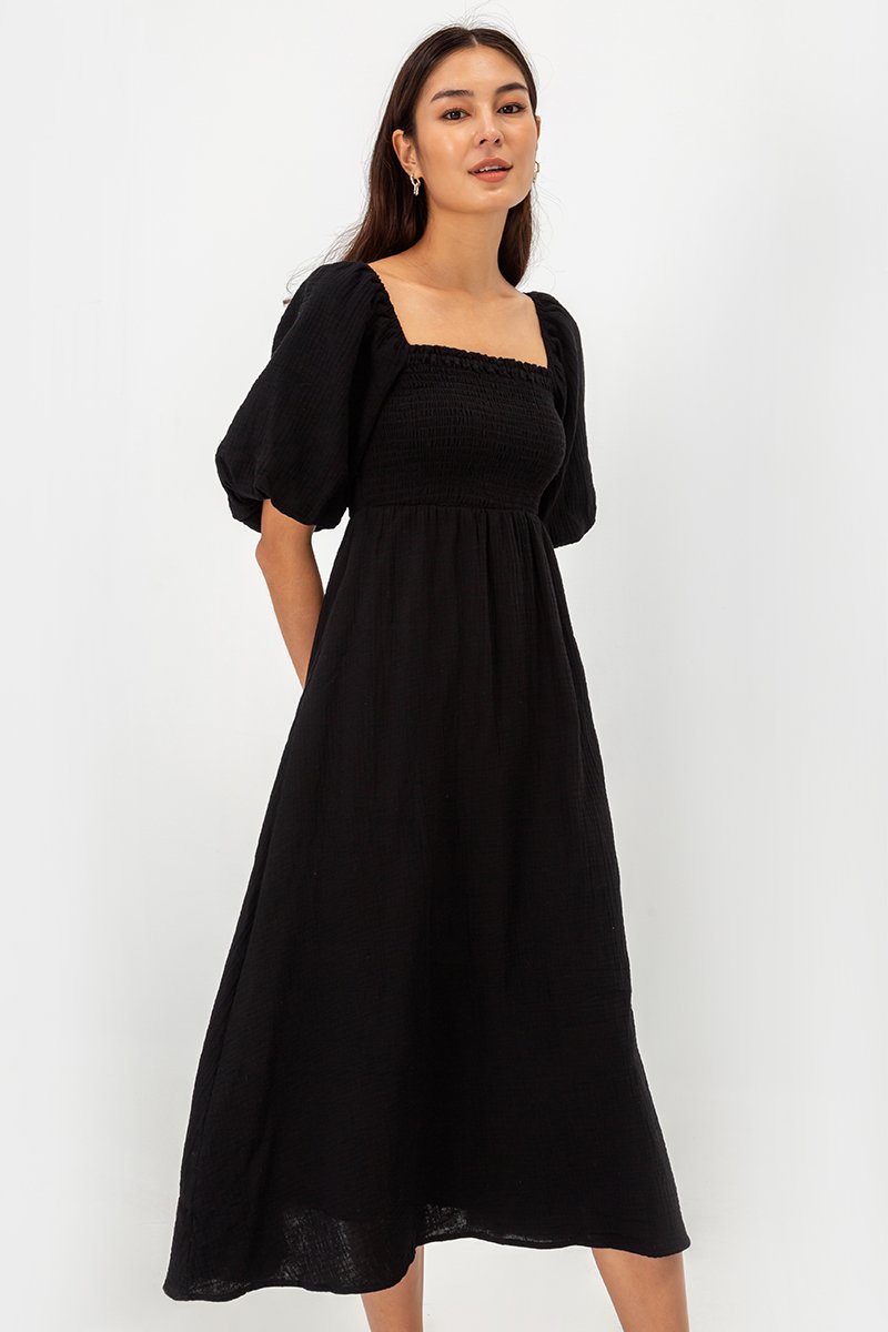 CASIE PUFF SLEEVE SMOCKED MIDI DRESS