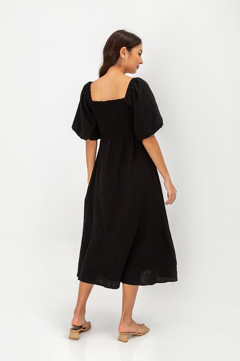 CASIE PUFF SLEEVE SMOCKED MIDI DRESS