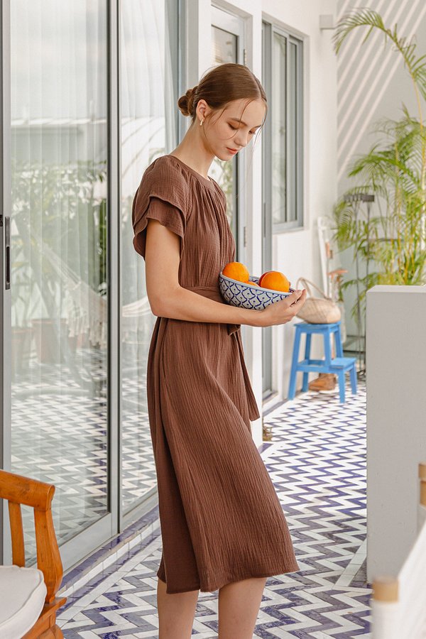 ELITSA LAYERED SLEEVE MIDI DRESS W SASH