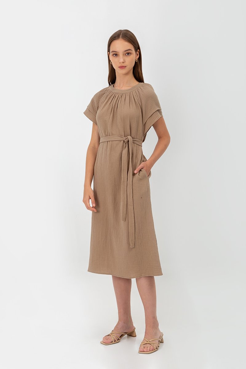 ELITSA LAYERED SLEEVE MIDI DRESS W SASH