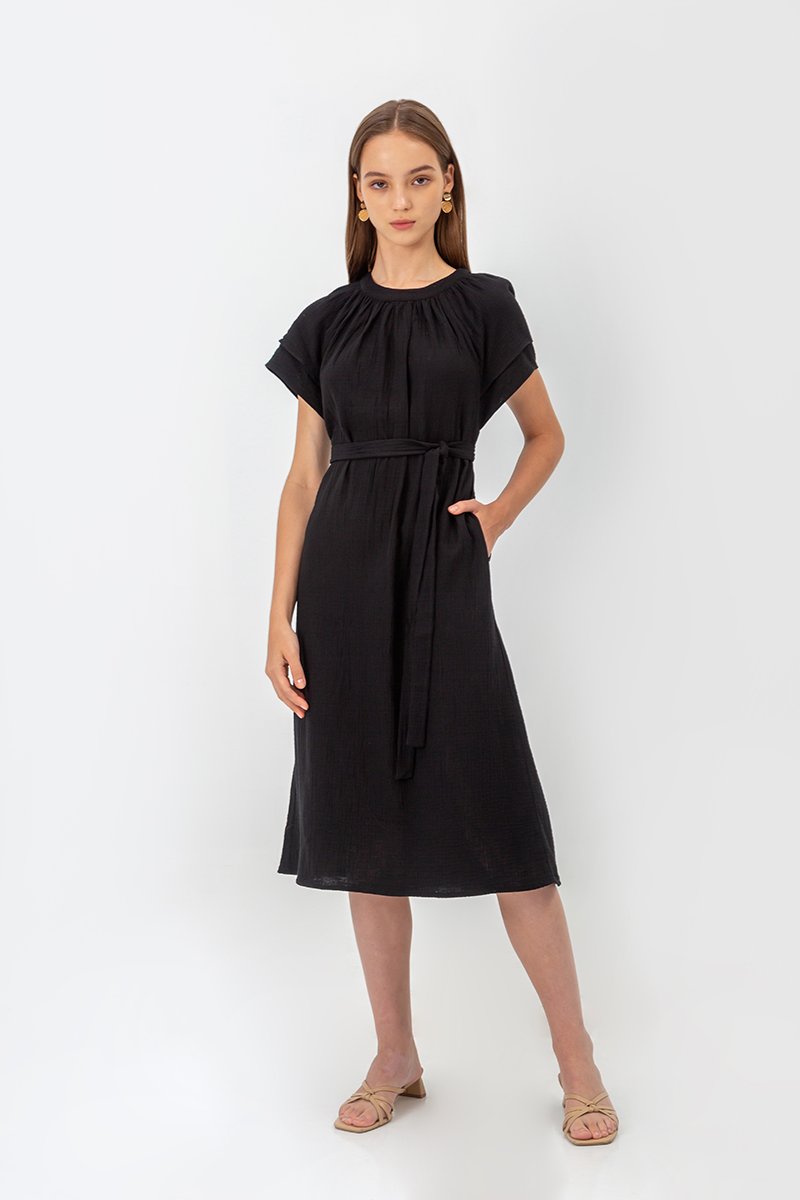 ELITSA LAYERED SLEEVE MIDI DRESS W SASH