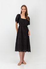 KRYSTAL EYELET FLUTTER SLEEVE MIDI DRESS W SASH