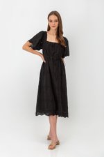 KRYSTAL EYELET FLUTTER SLEEVE MIDI DRESS W SASH