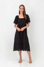 KRYSTAL EYELET FLUTTER SLEEVE MIDI DRESS W SASH
