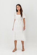 KRYSTAL EYELET FLUTTER SLEEVE MIDI DRESS W SASH