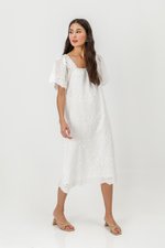 KRYSTAL EYELET FLUTTER SLEEVE MIDI DRESS W SASH