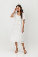 KRYSTAL EYELET FLUTTER SLEEVE MIDI DRESS W SASH