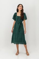 KRYSTAL EYELET FLUTTER SLEEVE MIDI DRESS W SASH