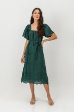 KRYSTAL EYELET FLUTTER SLEEVE MIDI DRESS W SASH