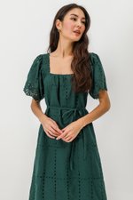 KRYSTAL EYELET FLUTTER SLEEVE MIDI DRESS W SASH