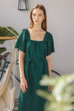 KRYSTAL EYELET FLUTTER SLEEVE MIDI DRESS W SASH