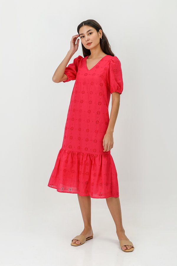 SERA EYELET DROPWAIST MIDI DRESS W SASH