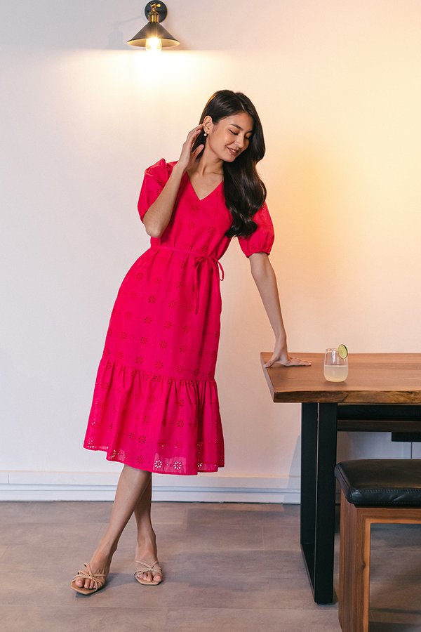 SERA EYELET DROPWAIST MIDI DRESS W SASH