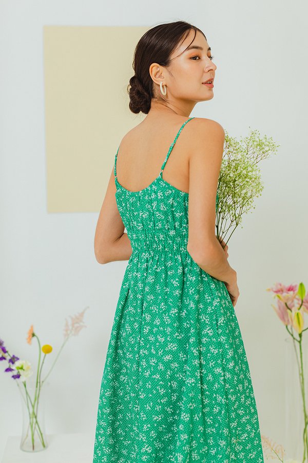 LILIAN FLORAL ELASTIC RIBBON TIE MIDI DRESS
