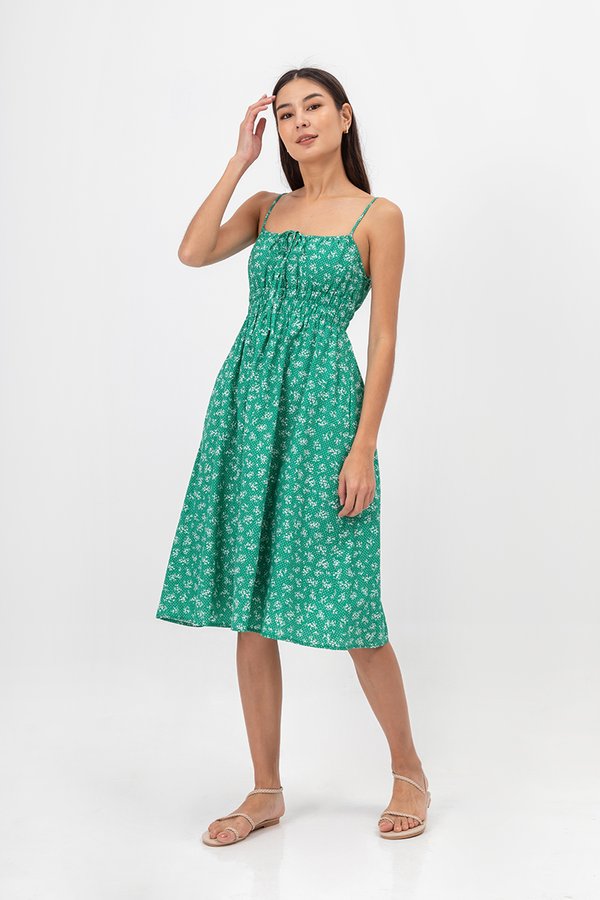 LILIAN FLORAL ELASTIC RIBBON TIE MIDI DRESS